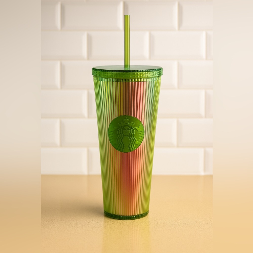 Starbucks 2024 Iridescent Green Pink Tumbler 24oz Cold Cup Straw Limited Edition